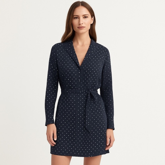 Everlane Polka Dot Dress Navy/White (4) Tie Waist Cupro, Preppy, Minimalist - Picture 4 of 14